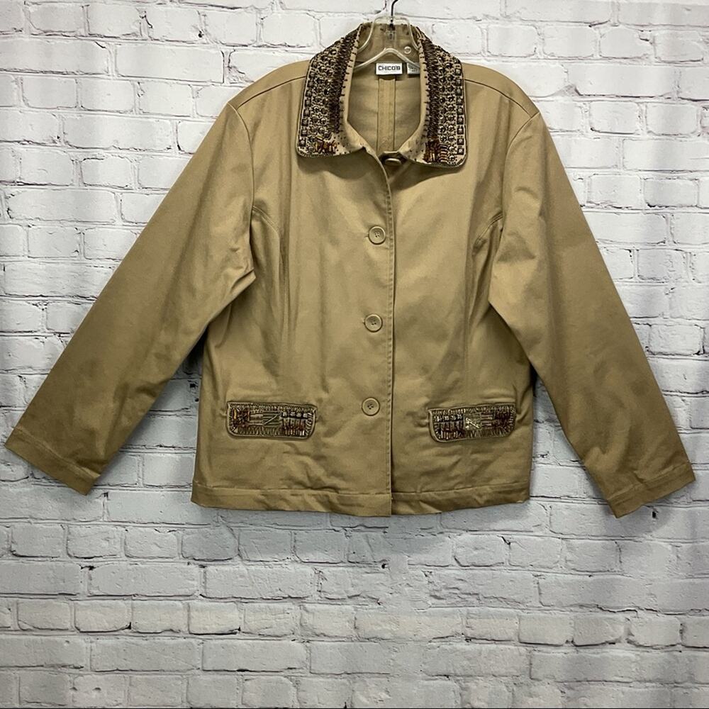 Chico's Stone Embellished Blazer Women's Size 3 (US L/16) Tan Button Up Casual